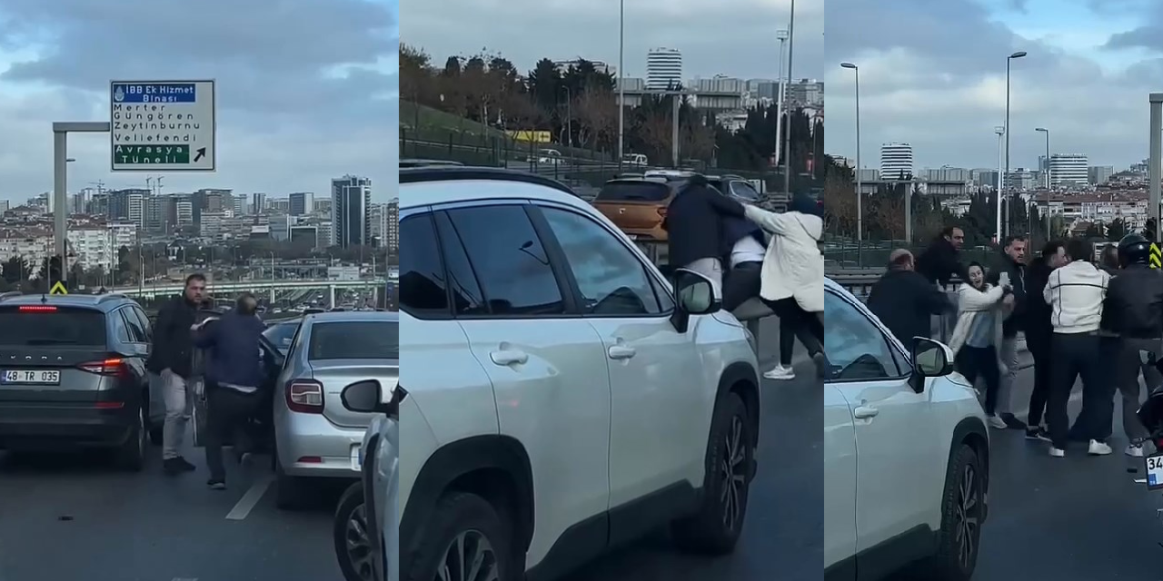 Bakırköy D-100 Karayolu ortasında tekmeli yumruklu yol kavgası