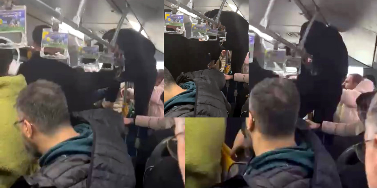 Metrobüste boş koltuk kavgası: Tutunma demirine tırmanıp yumruk attı