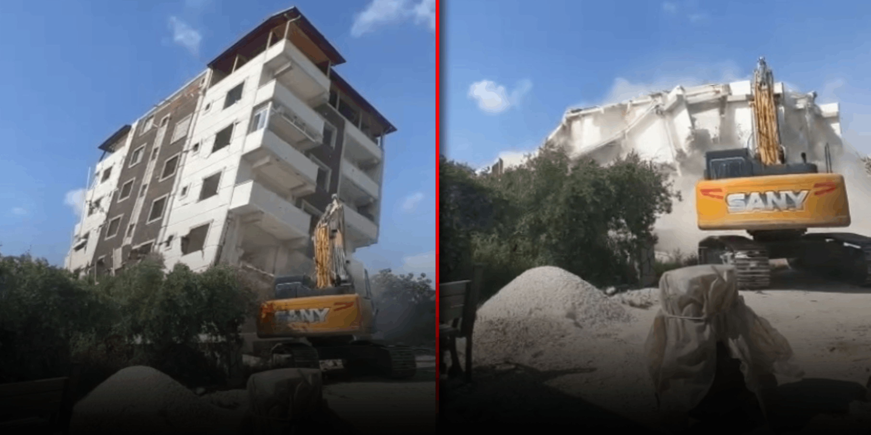 Depremde hasar alan bina iş makinesinin darbesiyle yerle bir oldu