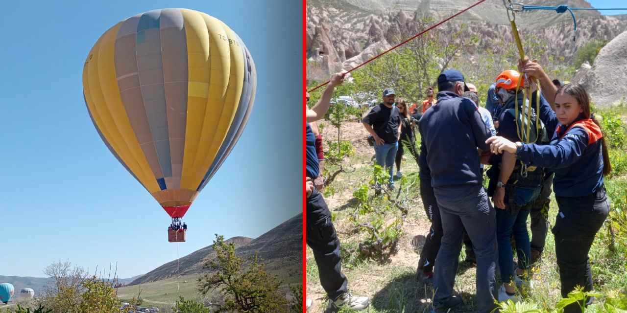 Kapadokya'da korku dolu anlar: Sıcak hava balonu kayalıklara zorunlu iniş yaptı