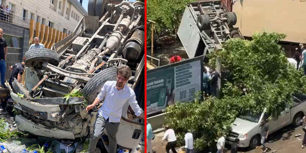 Facianın eşiğinden dönüldü: Freni boşalan kamyonet, taksi ve kaldırıma çarpıp takla attı