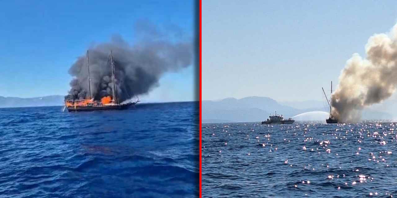 Tekne cayır cayır yandı: Turistler ve mürettebat tahliye edildi