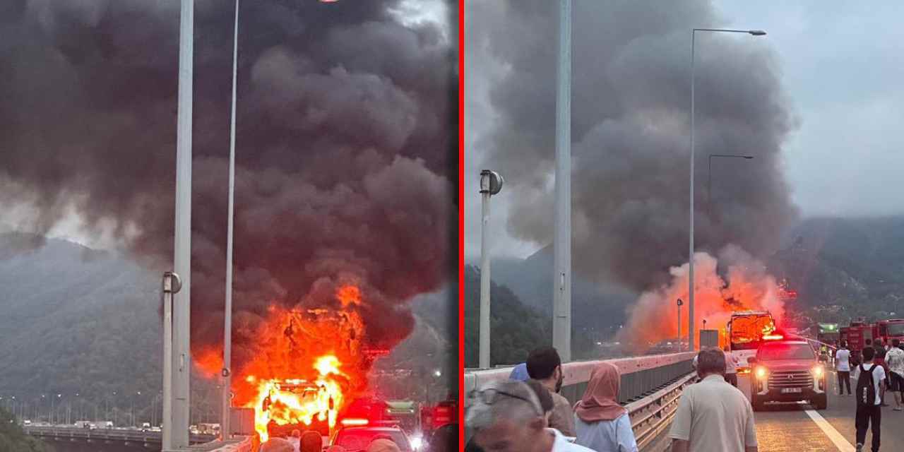 İstanbul yolunda trafik durdu: Yolcu otobüsü cayır cayır yandı