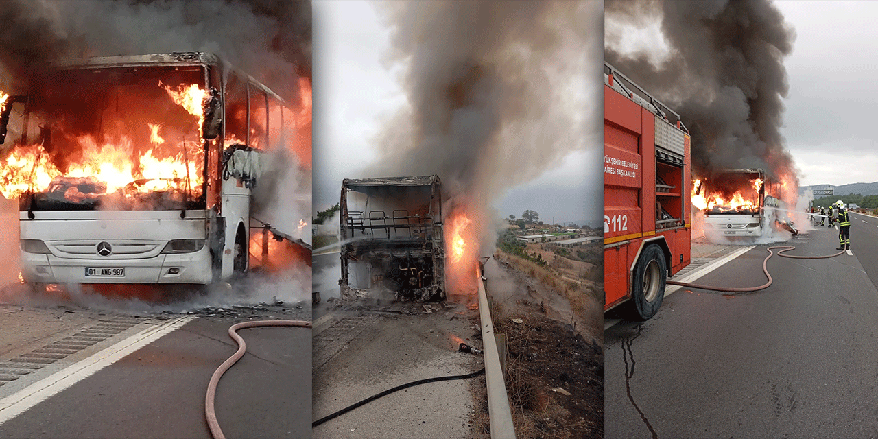 Trafikte korku dolu anlar: Yolcu otobüsü alev alev yandı