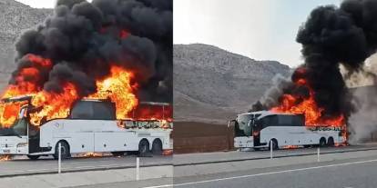 Yolcu otobüsü alev alev yandı