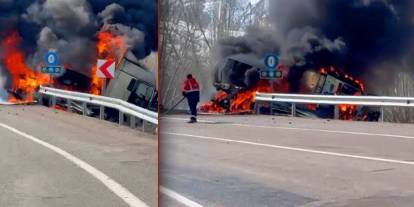 TIR devrildi üzerindeki iş makinesi alev aldı! Yaralılar var