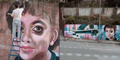 Azerbaycanlı ressam Minguzzi'nin portresini ve kaykayını duvara çizdi